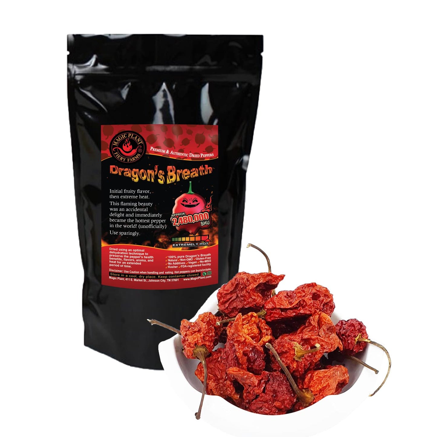 Magic Plant Dragon's Breath Pepper Whole Pods - 1 Kg / 35 oz (Bulk) Intensely Hot Dried Red Chiles - 1.2M to 2M+ SHUs, No Additives
