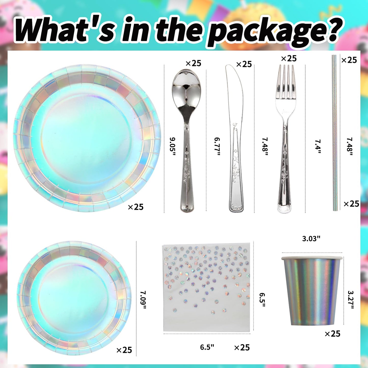 200 pieces of silver party supplies, disposable tableware set, silver paper plates, cups, napkins, plastic knives, forks and spoons, for 25 people