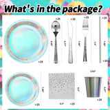 200 pieces of silver party supplies, disposable tableware set, silver paper plates, cups, napkins, plastic knives, forks and spoons, for 25 people