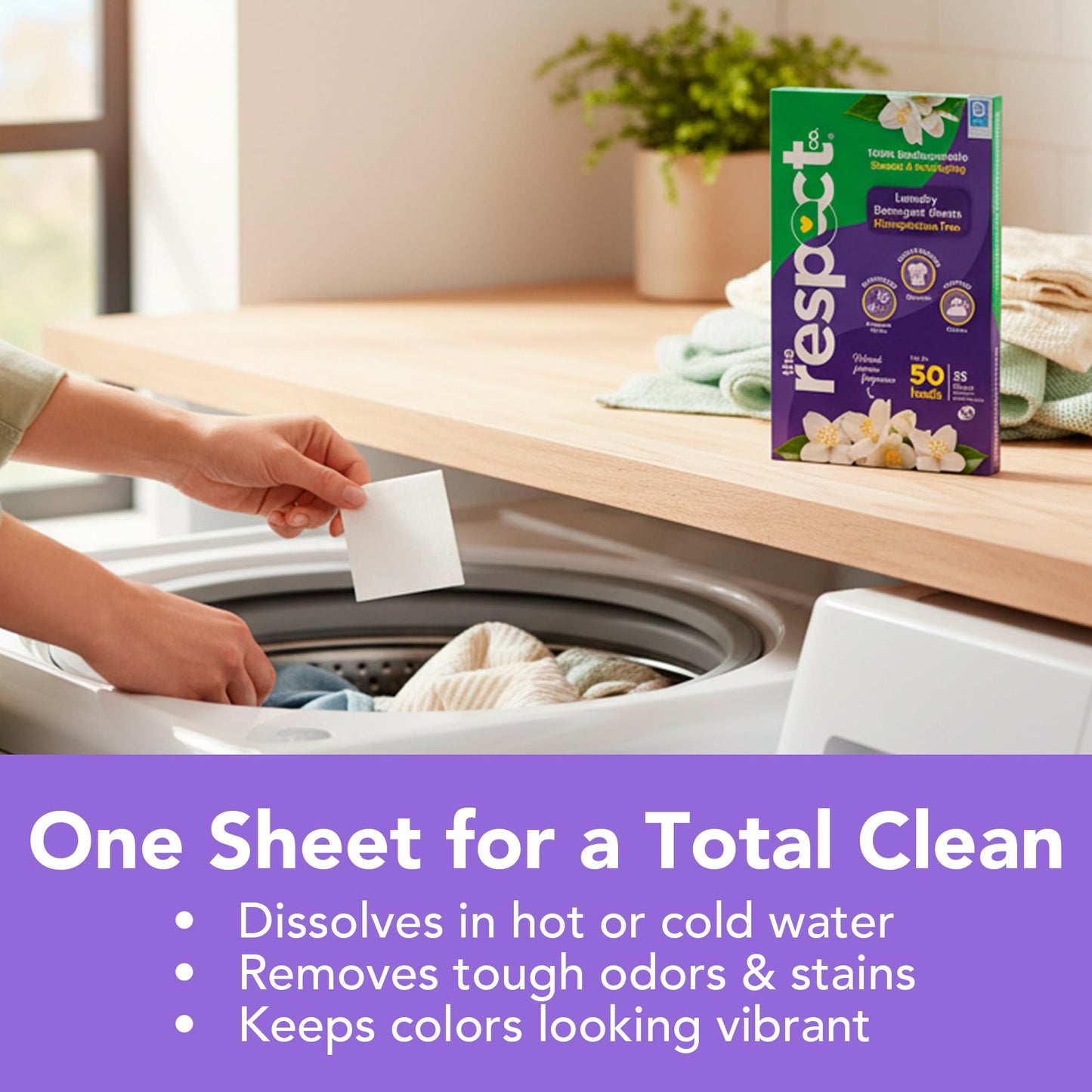 The Respect Co. Travel Laundry Detergent Sheets - Enzyme-Based Dissolvable Washing Machine Sheets - Phosphate & Plastic Free Laundry Detergent - Up