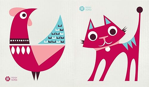 Trendy Tripper Swedish Dishcloth/Sponge Cloths Mid-Century Modern Design Pack of 2: CAT + Rooster (Pk of 2 Cat + Rooster Red-Pink)