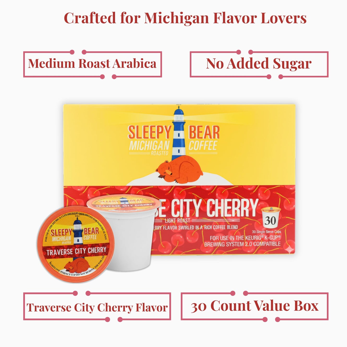 Sleepy Bear Coffee Pods Medium Roast Arabica Rich Flavor Michigan-Made Smooth & Sweet No Sugar Added 30ct Pods Compatible with Single-Serve Brewers