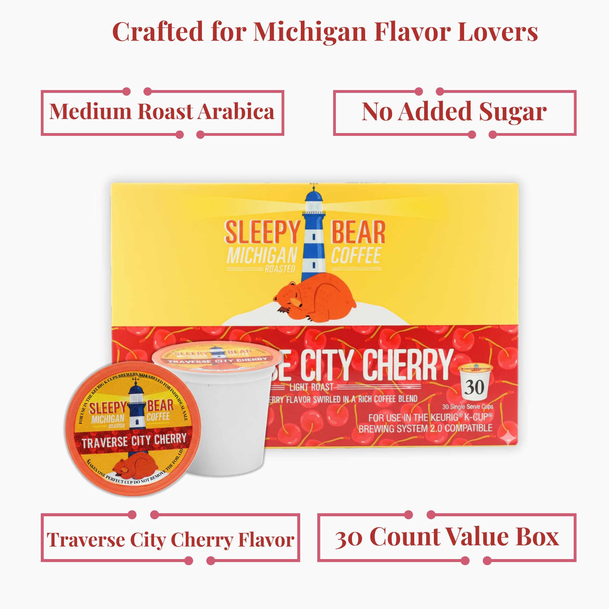 Sleepy Bear Coffee Pods Medium Roast Arabica Rich Flavor Michigan-Made Smooth & Sweet No Sugar Added 30ct Pods Compatible with Single-Serve Brewers