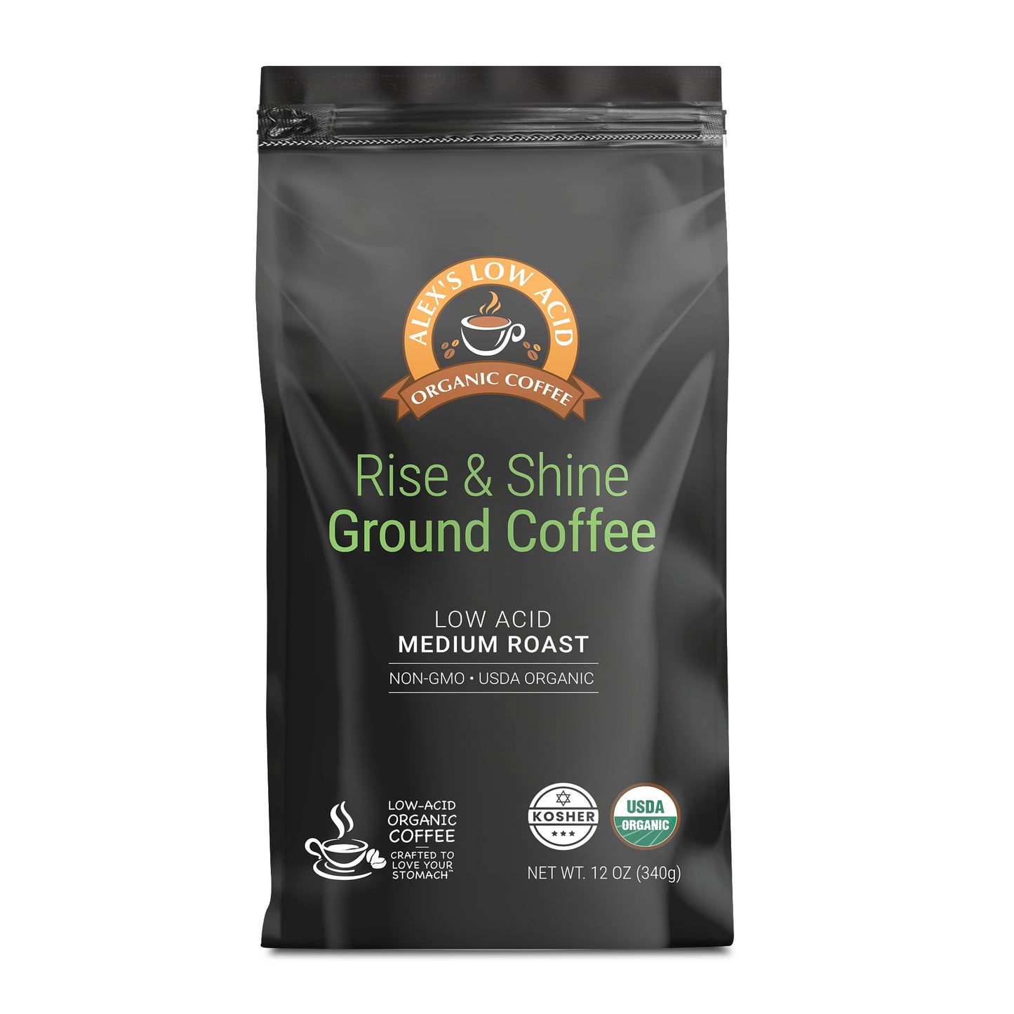 Alex's Low Acid Organic Coffee 12oz Bag - Rise and Shine Fresh Ground (Pack of 12)