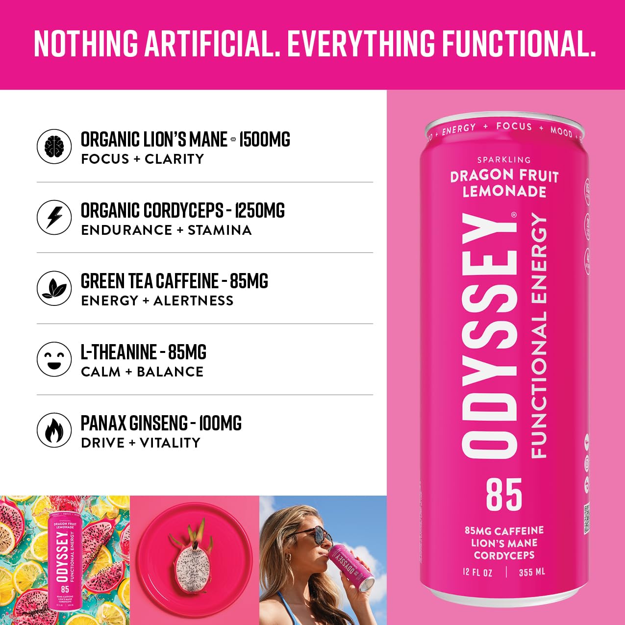 Odyssey Functional Energy Drink for Focus, Cognition & Mood Support 12 Pack - Adaptogenic Drink with 85mg Green Tea Caffeine, Lion’s Mane, Cordyceps