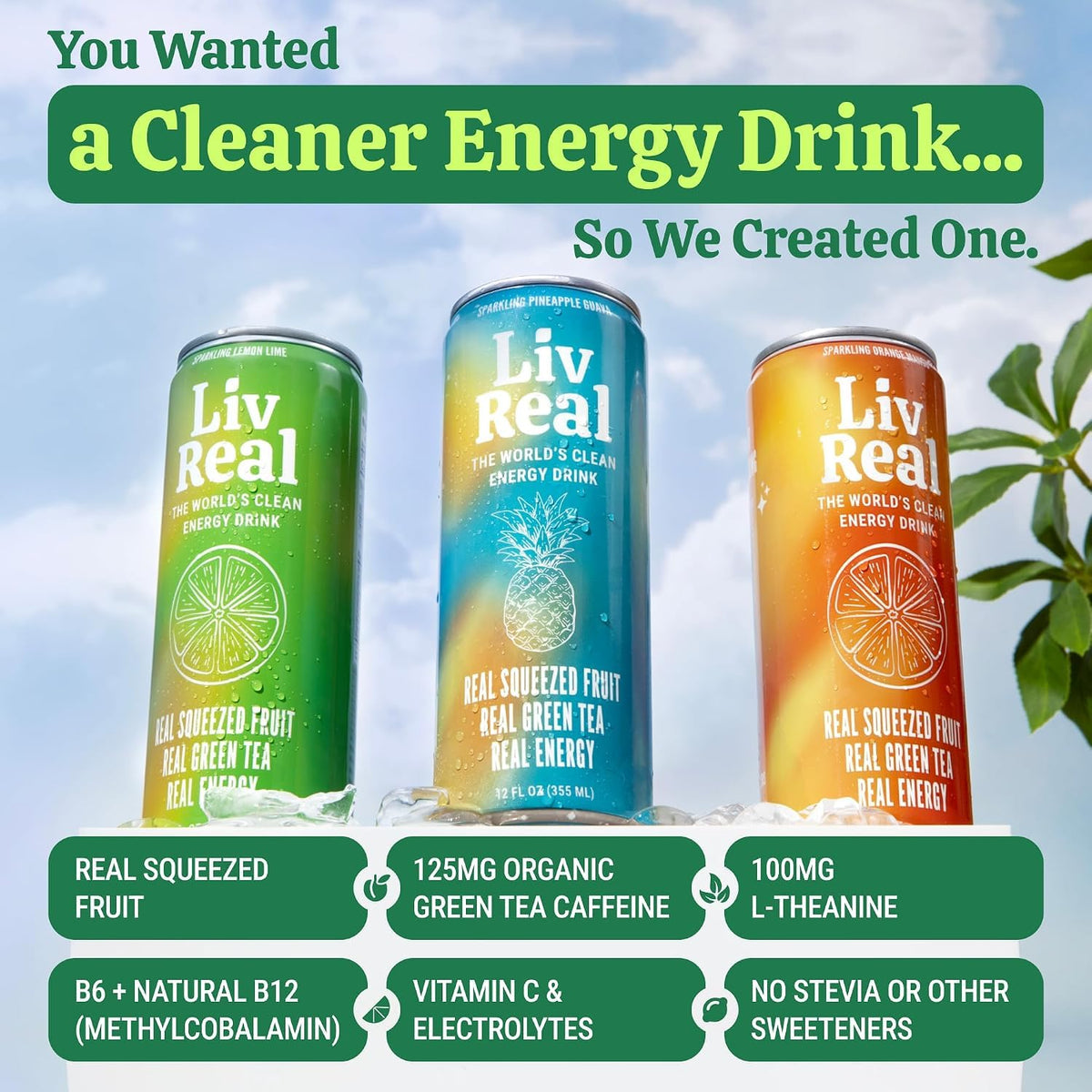 LivReal Clean Energy Drink - Organic Green Tea Caffeine 125mg + L-Theanine 100mg - Real Fruit, No Sweeteners or Flavorings - Vitamin C & B Complex