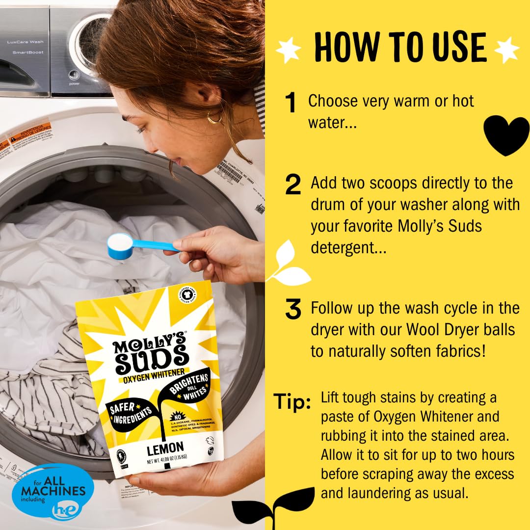 Molly's Suds Oxygen Whitener | Powerful Bleach Alternative, Chlorine Free & Color Safe | Brightens Whites and Removes Stains (Pure Lemon Essential Oil