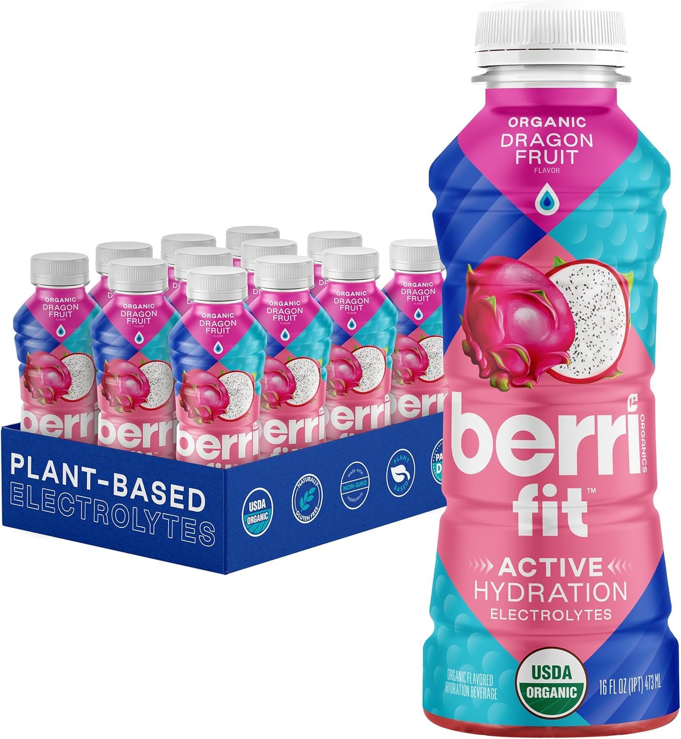 Berri Fit Hydration - Organic Dragon Fruit Flavor Natural Sports Drink - Plant-Based Electrolyte Beverage - Low Calorie, Paleo Coconut Water Solution