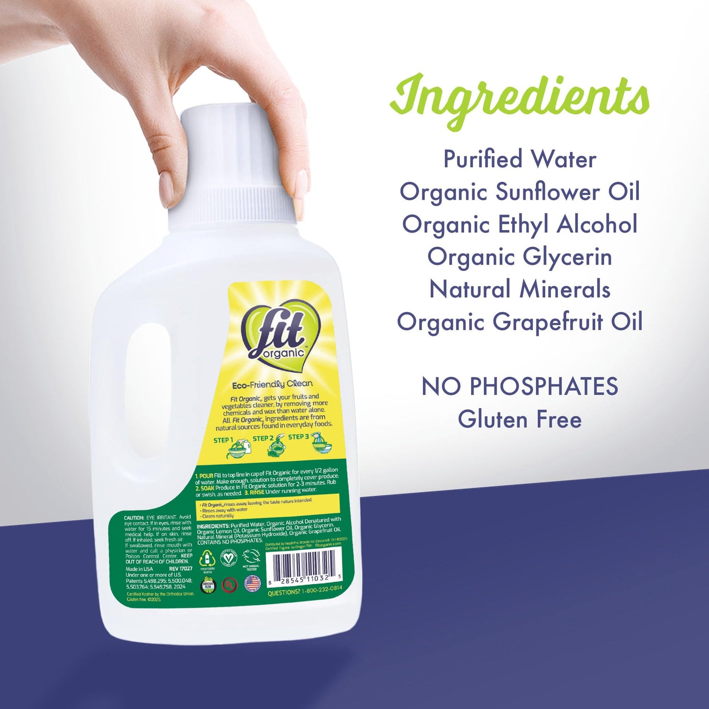 Fit Organic Soaker Produce Wash - USDA Certified Organic & Kosher Fruit and Vegetable Cleaner - Removes Surface Contaminants - Family & Pet Safe