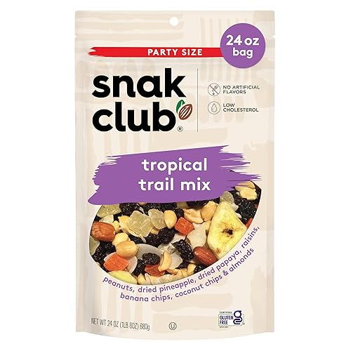 Snak Club Tropical Trail Mix with Peanuts, Dried Papaya, Raisins, Banana Chips, Dried Pineapple, Coconut Chips, and Almonds, Gluten-Free and Kosher