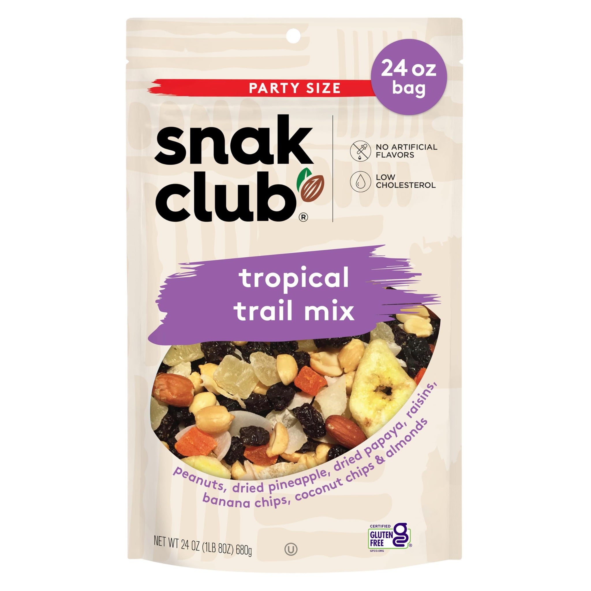 Snak Club Tropical Trail Mix with Peanuts, Dried Papaya, Raisins, Banana Chips, Dried Pineapple, Coconut Chips, and Almonds, Gluten-Free and Kosher
