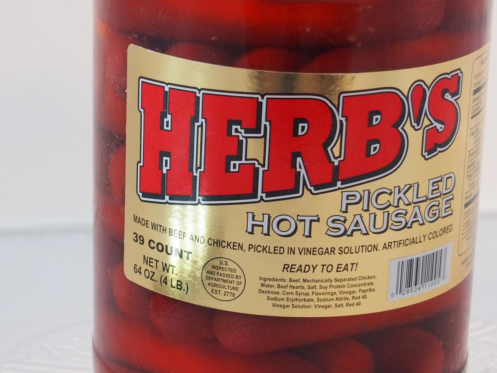 Herbs RED HOT Pickled Sausage (1 Gal. Jar) 39 Count Beef & Chicken No Pork ( From Jersey Candy Company)