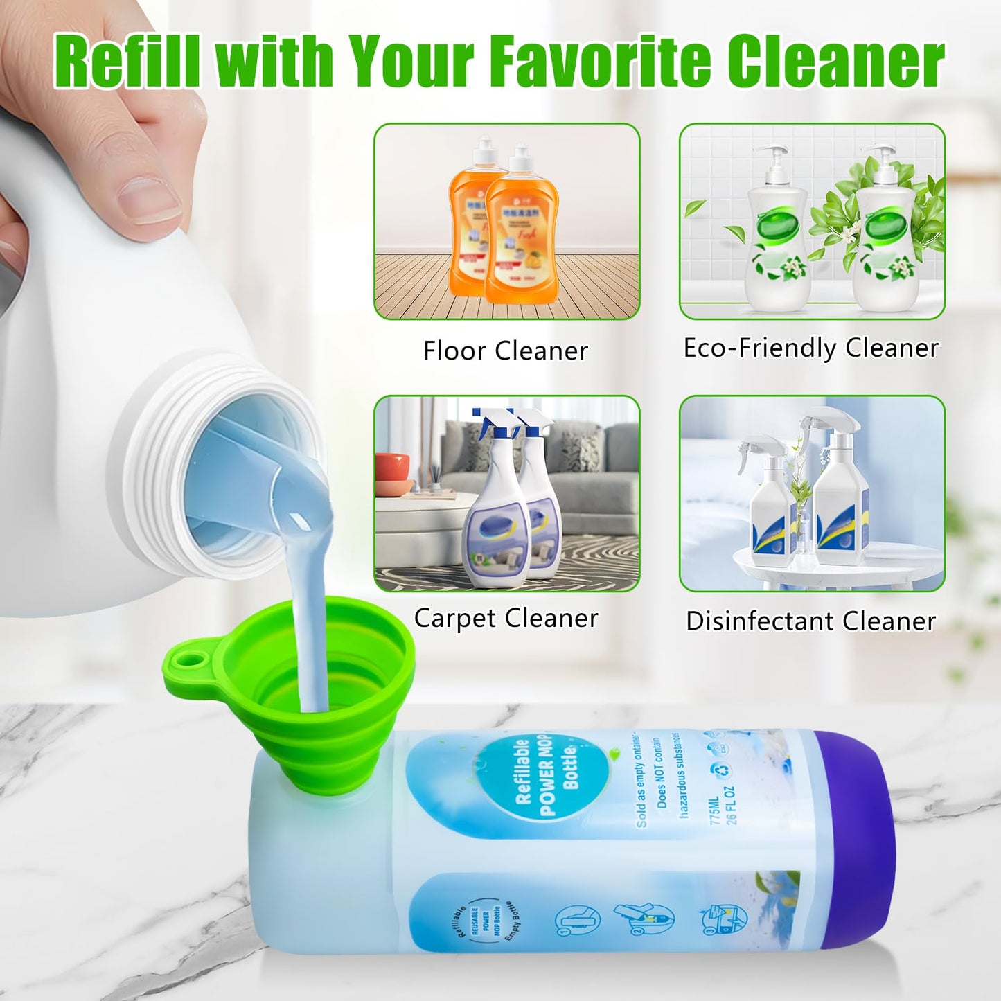 Power Mop Refillable Bottle for Swiffer PowerMop, Empty Reusable Bottle for Power Mop, 26 FL OZ Leak-Proof HDPE Solution Container with 5 Silicone
