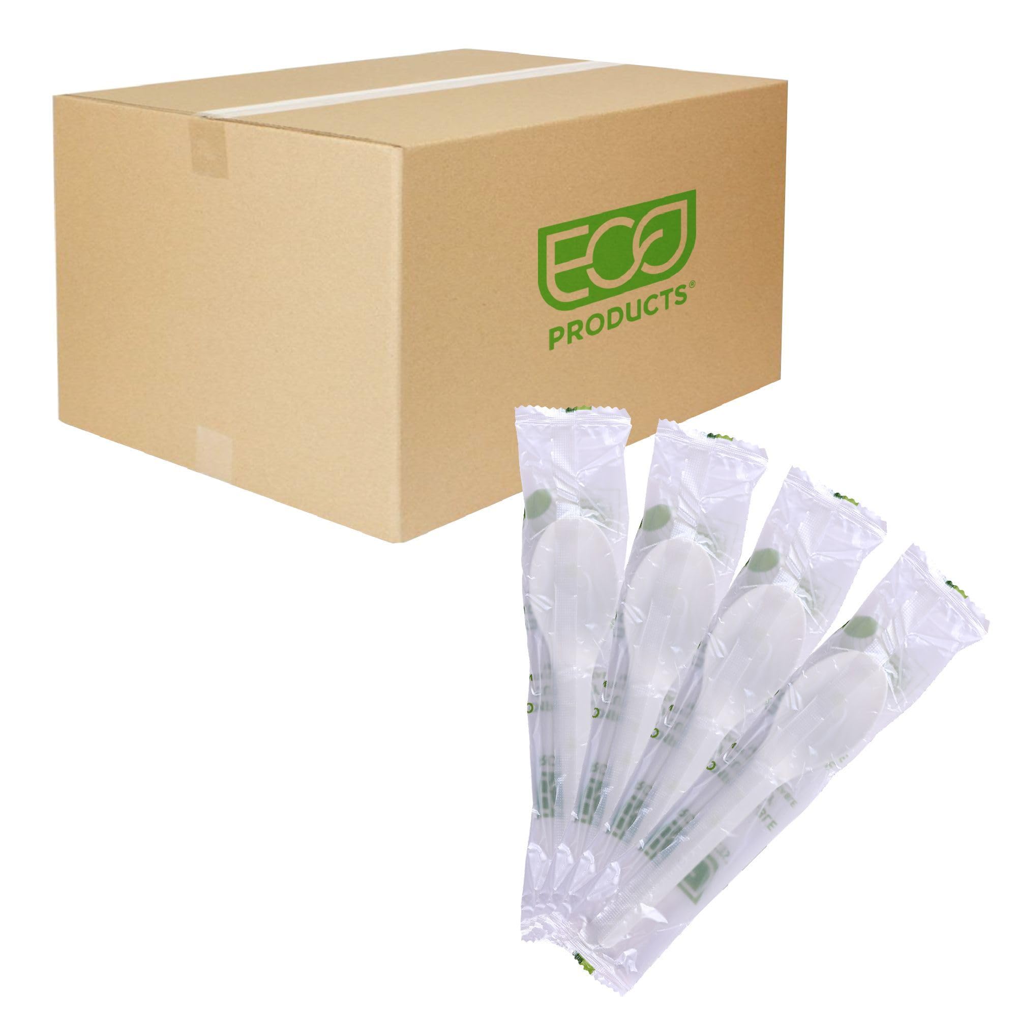 Eco-Products Compostable CPLA 6" Plastic Spoons, Case of 1000, Individually Wrapped Spoon, Disposable White Plantware Cutlery, Renewable Material Made