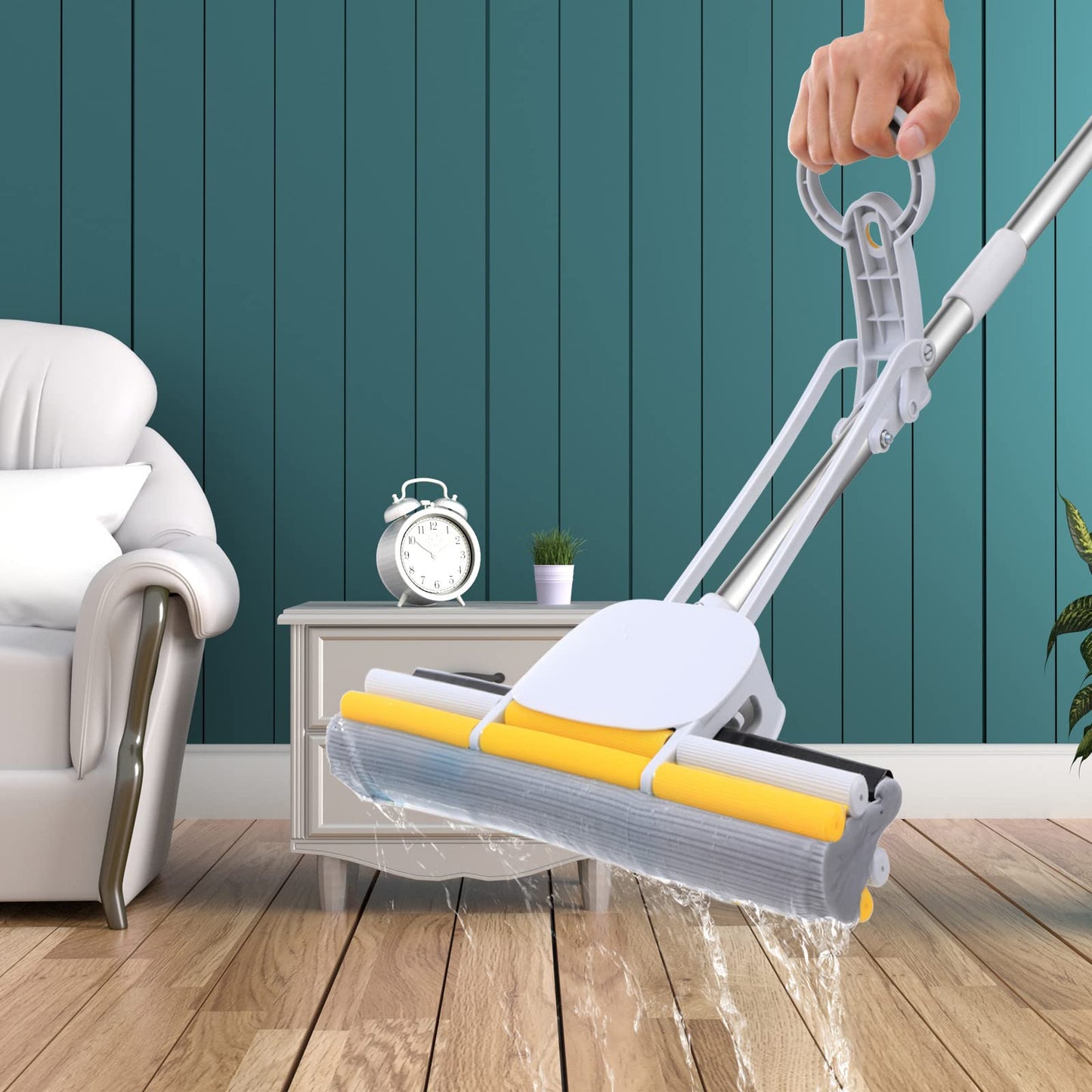 PVA Sponge Mops for Floor Cleaning Squeeze with 60" Long Handle, Self Wringing Mop with 15" Head for Kitchen Bathroom Tiles, Sponge Mops for Floor