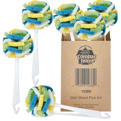 Compac Home Dish SpongeWand Plus Tri Surface Scrubbing Sponge with Cello Foam Scour Sponge Petals, Cleans Dishes, Glassware 360 Scrubber Pads