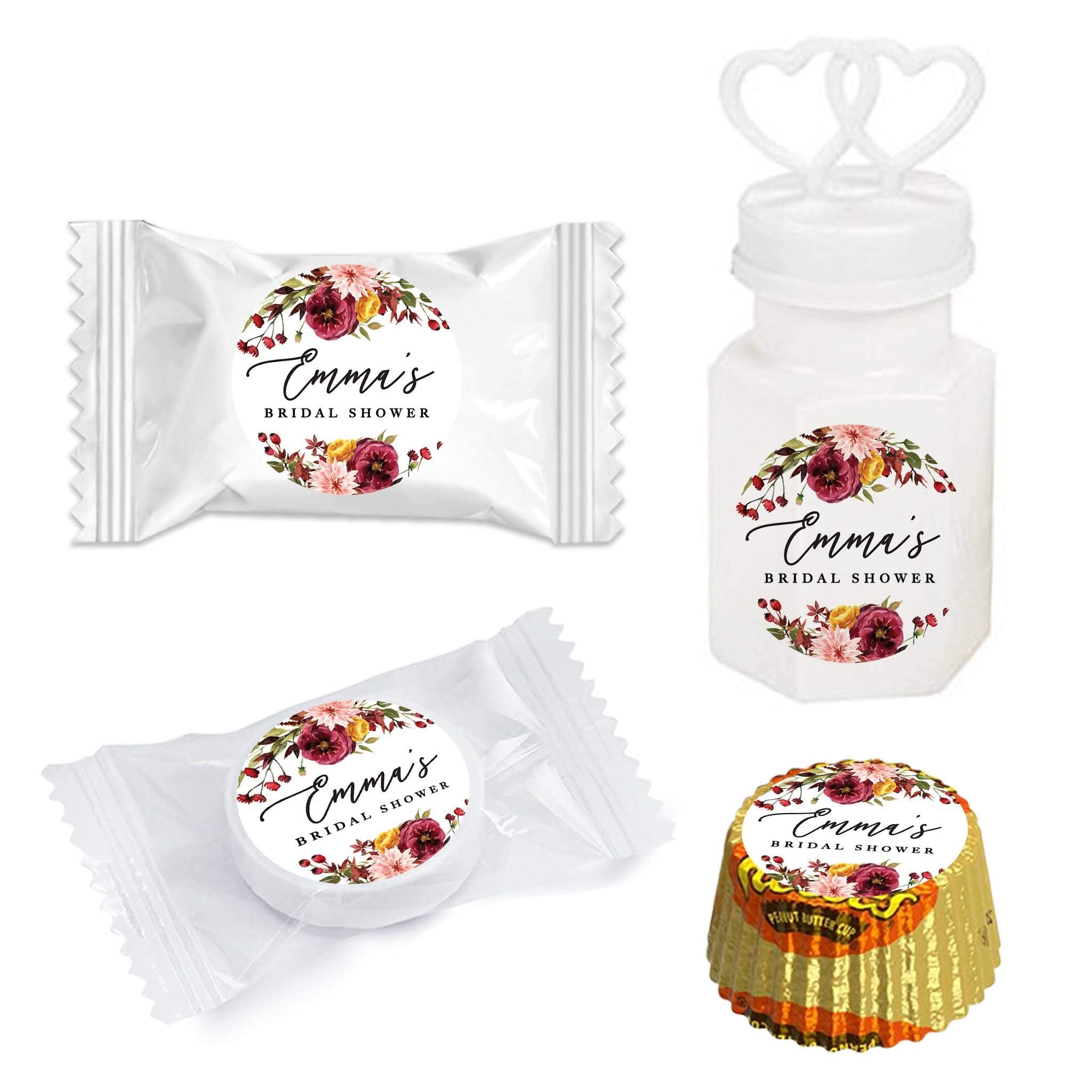 Andaz Press Fall Burgundy Marsala Wedding Party Collection, Personalized Chocolate Drop Label Stickers Trio, Custom Name Bridal Shower Date, Marsala