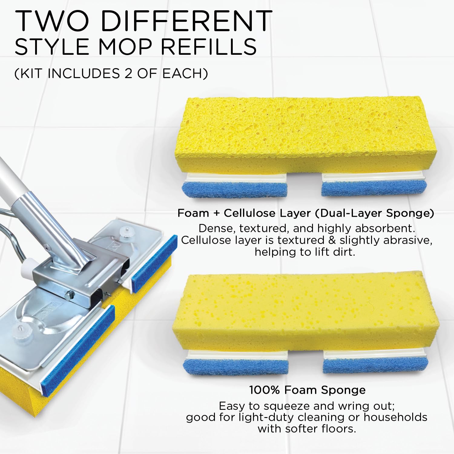 LOLA Squeezematic Butterfly Automatic Sponge Mop, 4 Mop Heads - 2 Foam w/ Cellulose Layer & 2 All Foam, 9" Head w/ Scuff Remover