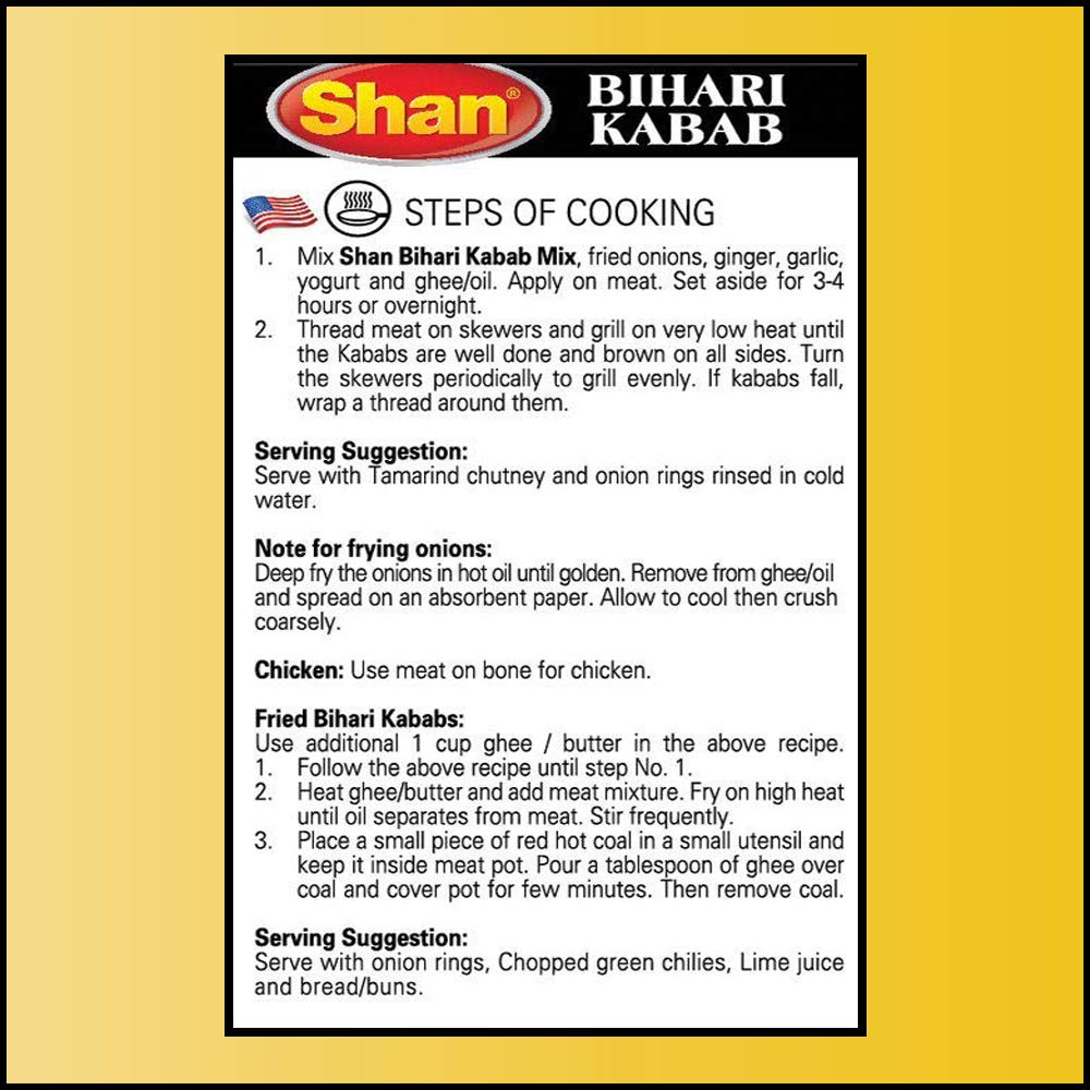 Shan Bihari Kabab Recipe and Seasoning Mix 1.76 oz (50g) - Spice Powder for Tender Barbecue Meat Strips - Suitable for Vegetarians - Airtight Bag in