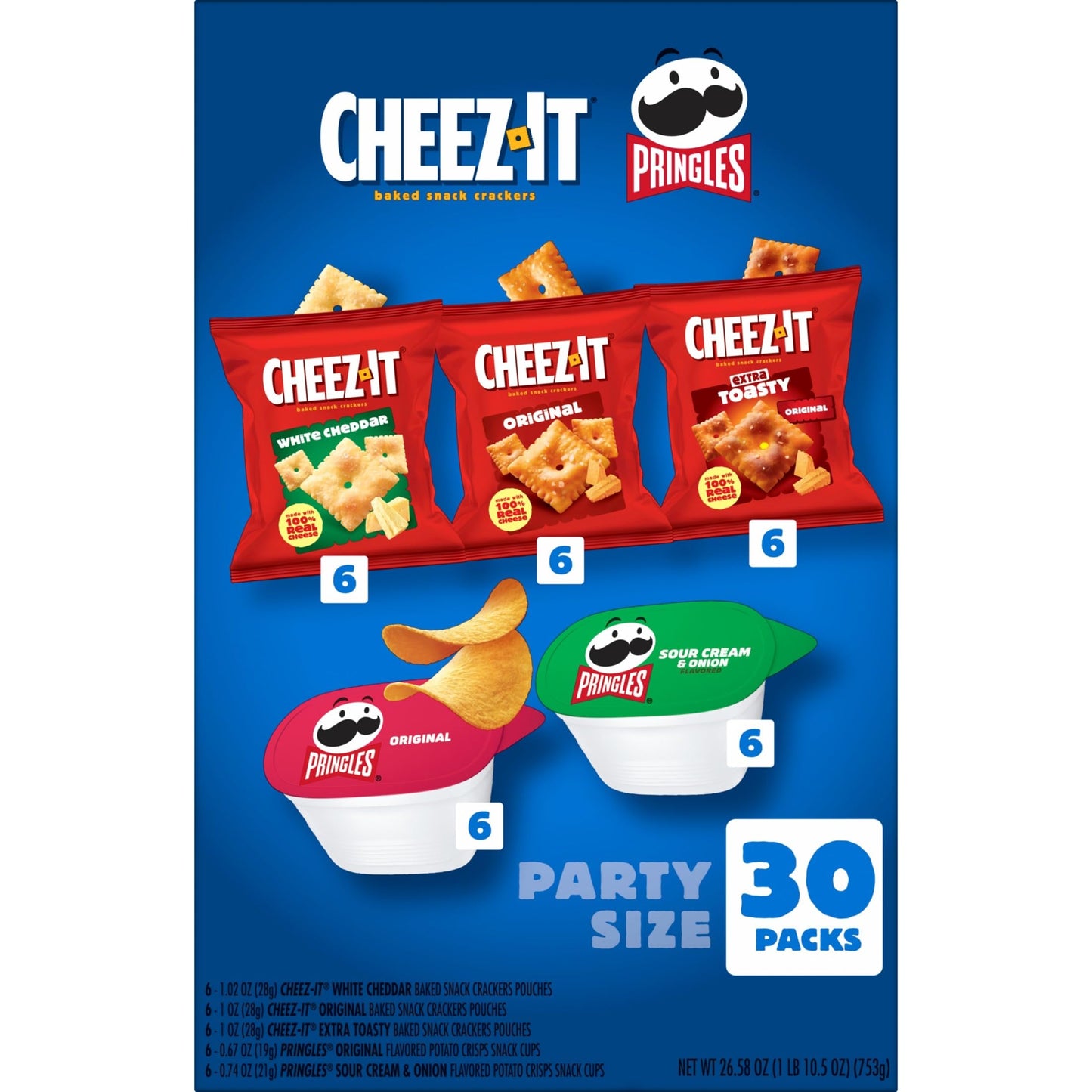 Cheez-It, Pringles, Salty Snacks, Party Size, Variety Pack, 26.58oz Box (30 Packs)