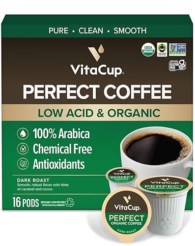 VitaCup Perfect Low Acid Coffee Pods, USDA Organic & Fair Trade, Mycotoxin Free, Dark Roast Guatemala Single Origin, Clean & Pure Single Serve Pod