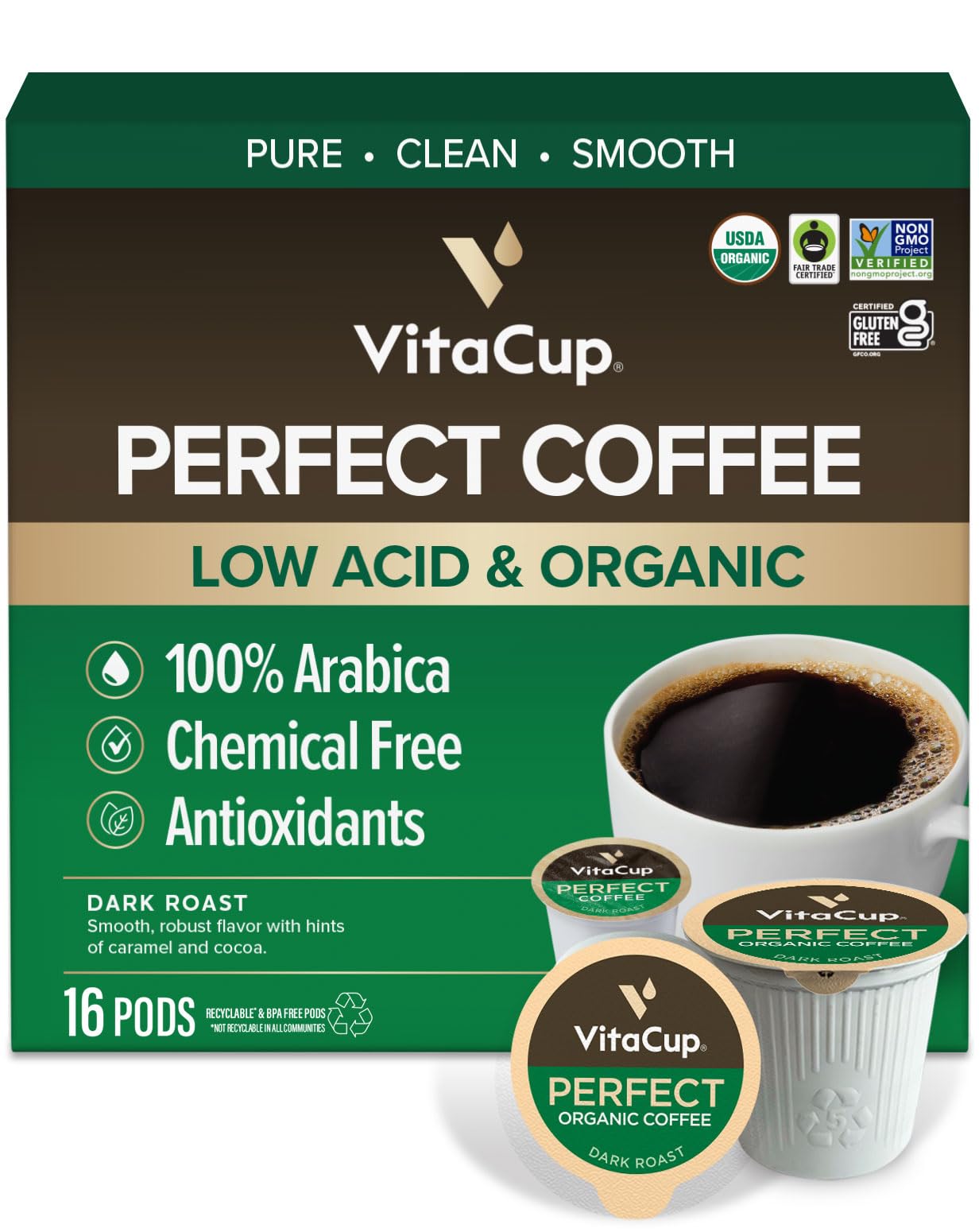 VitaCup Perfect Low Acid Coffee Pods, USDA Organic & Fair Trade, Mycotoxin Free, Dark Roast Guatemala Single Origin, Clean & Pure Single Serve Pod