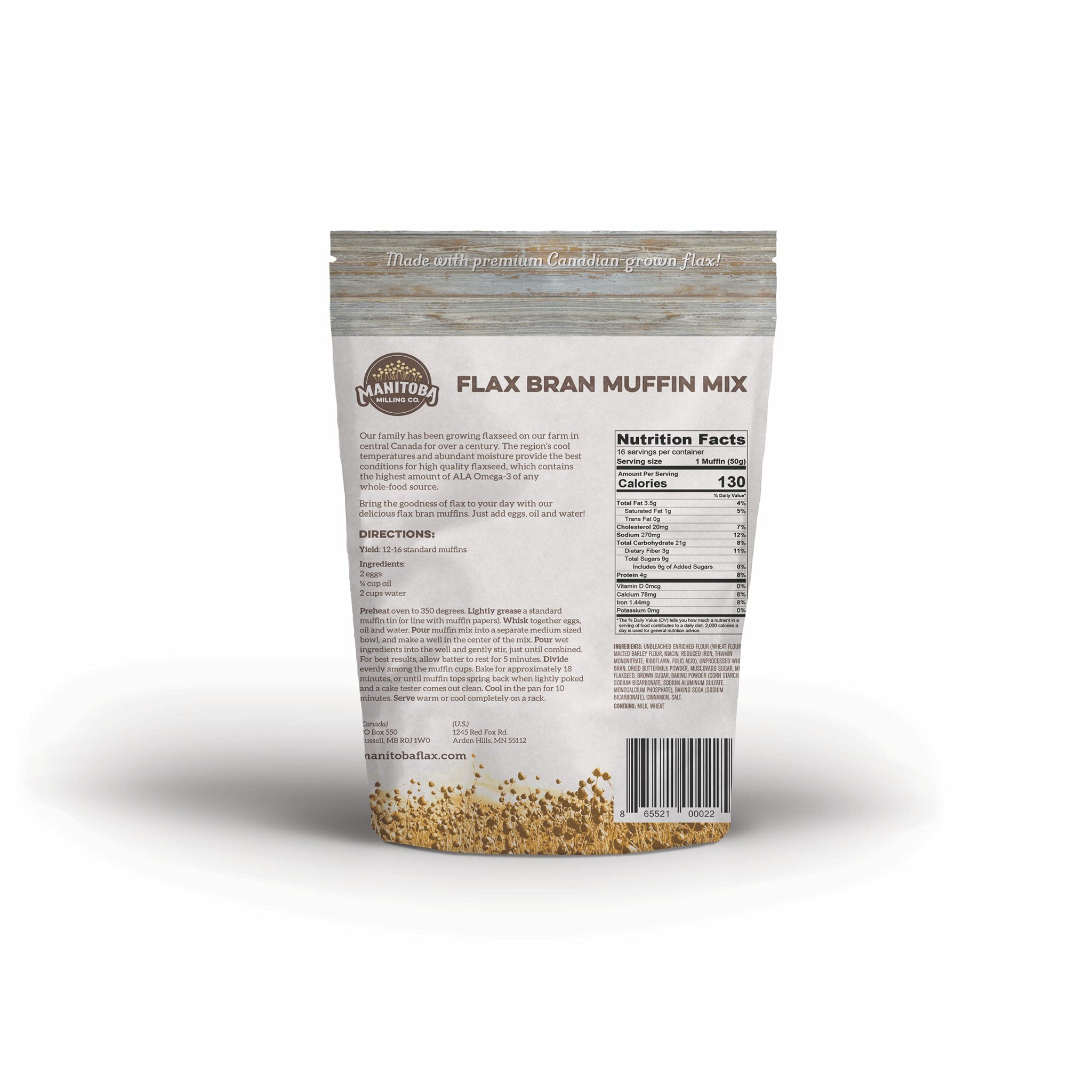 Manitoba Milling Flax Bran Healthy Muffin Mix, Made with Finest Whole Milled Smooth Golden Flaxseed, Rich in Fiber, Protein, Farm-to-You, Family-Owned Farm Company, 1 lb 2.7 oz (530 g)