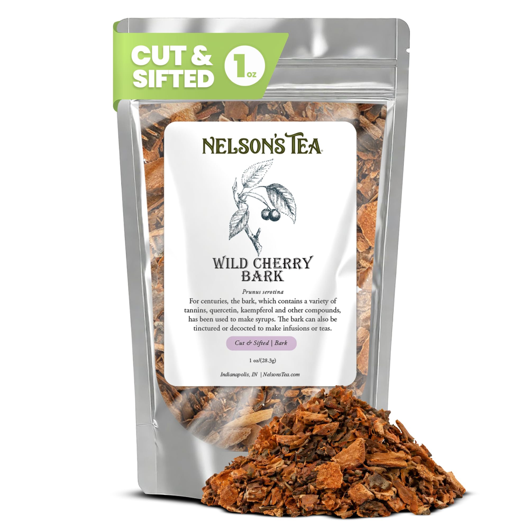 Nelson's Tea - Wild Cherry Bark Cut & Sifted, Cherry Flavor Burdock Root Tea, Plant Based, Vegan, Vegetarian, Caffeine Free, Herbal Tea for Infusions