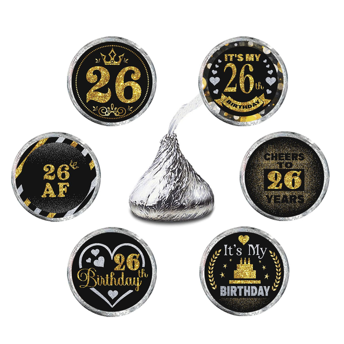 26 Years Old Round Candy Sticker - 26th Birthday Party Decor-Black Gold - Round Candy Sticker Party Favors - Labels Fit Chocolate Candy.5 Sheet of 150