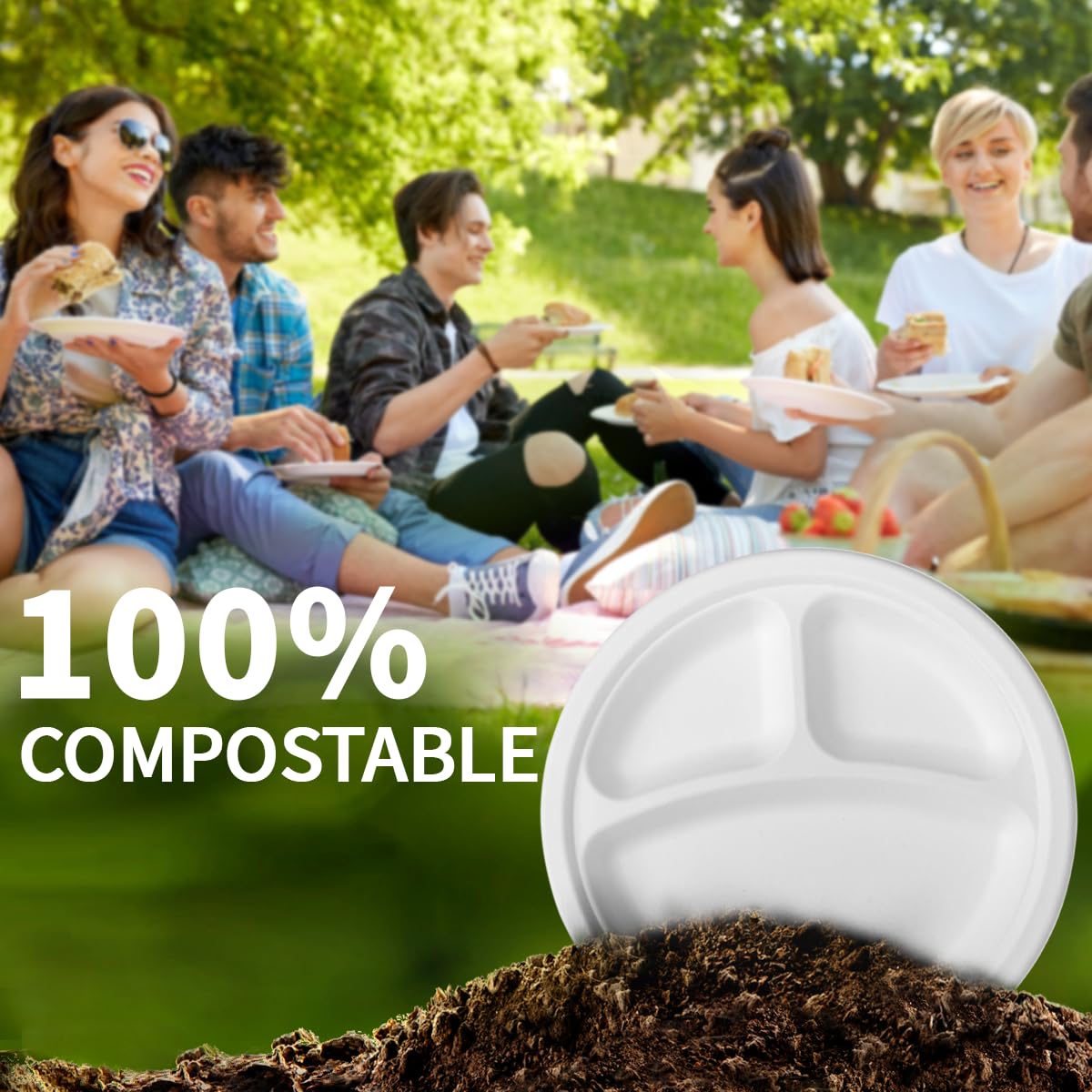 Lxins ECO 10 Inch 3 Compartment Paper Plates ?White 150 Pack?, Compostable Divided Plates, 100% Sugarcane Bagasse, Heavy Duty Disposable Plates