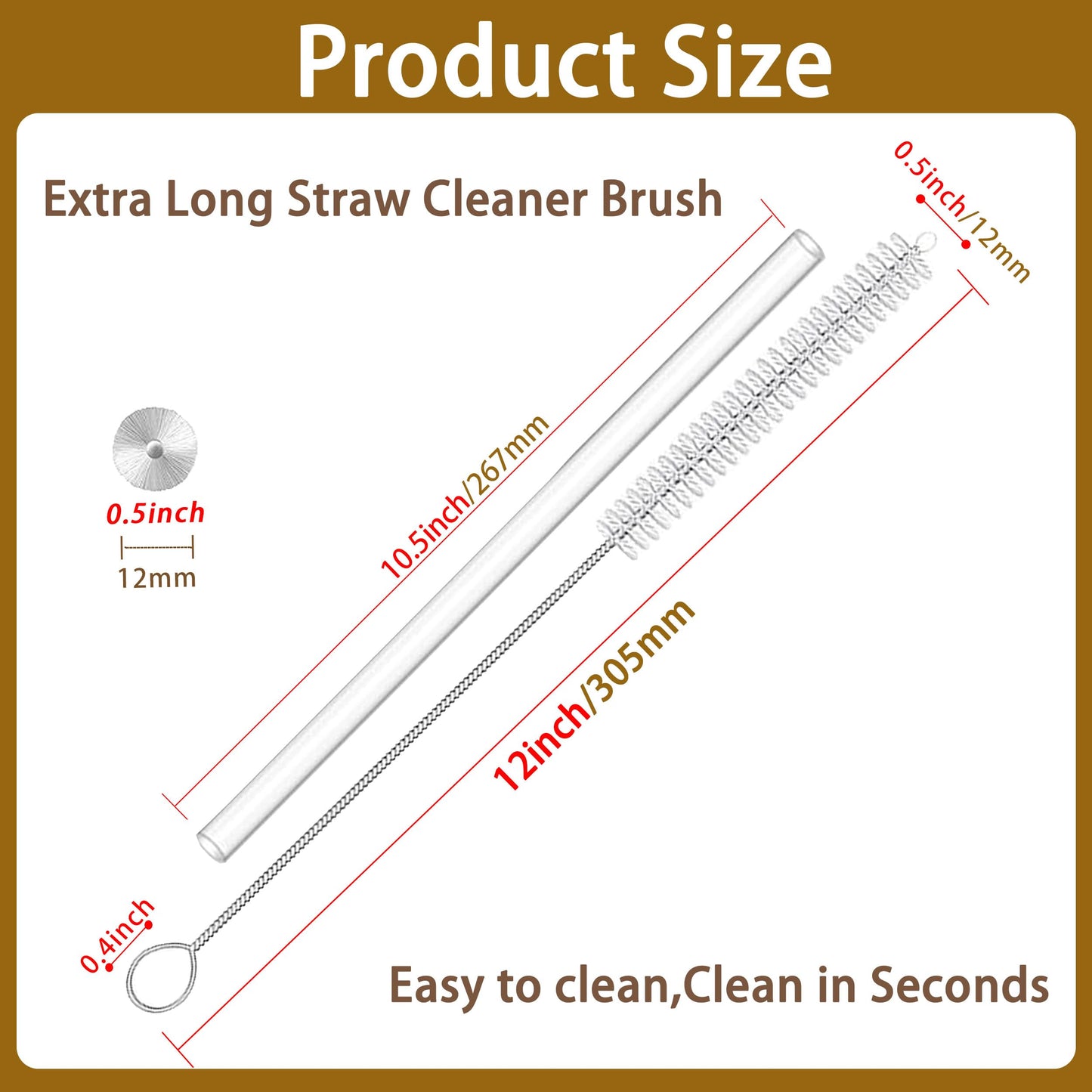 CIDYAUST Straw Brush Cleaner with 304 Stainless Steel Handle,Straw Cleaner Brush Extra Long 12 Inch,Extra Wide 12mm Straw Cleaning Brush for Baby