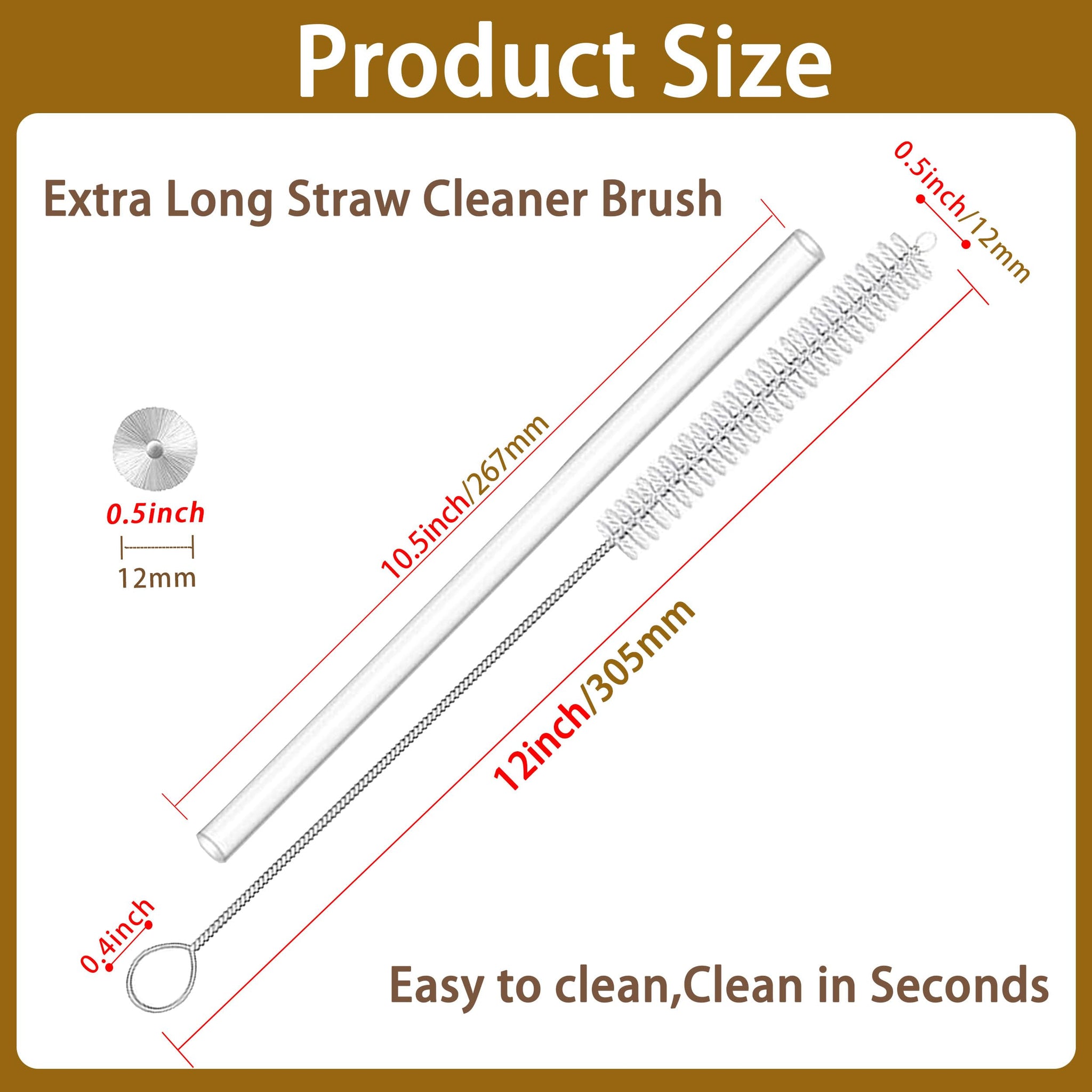 CIDYAUST Straw Brush Cleaner with 304 Stainless Steel Handle,Straw Cleaner Brush Extra Long 12 Inch,Extra Wide 12mm Straw Cleaning Brush for Baby