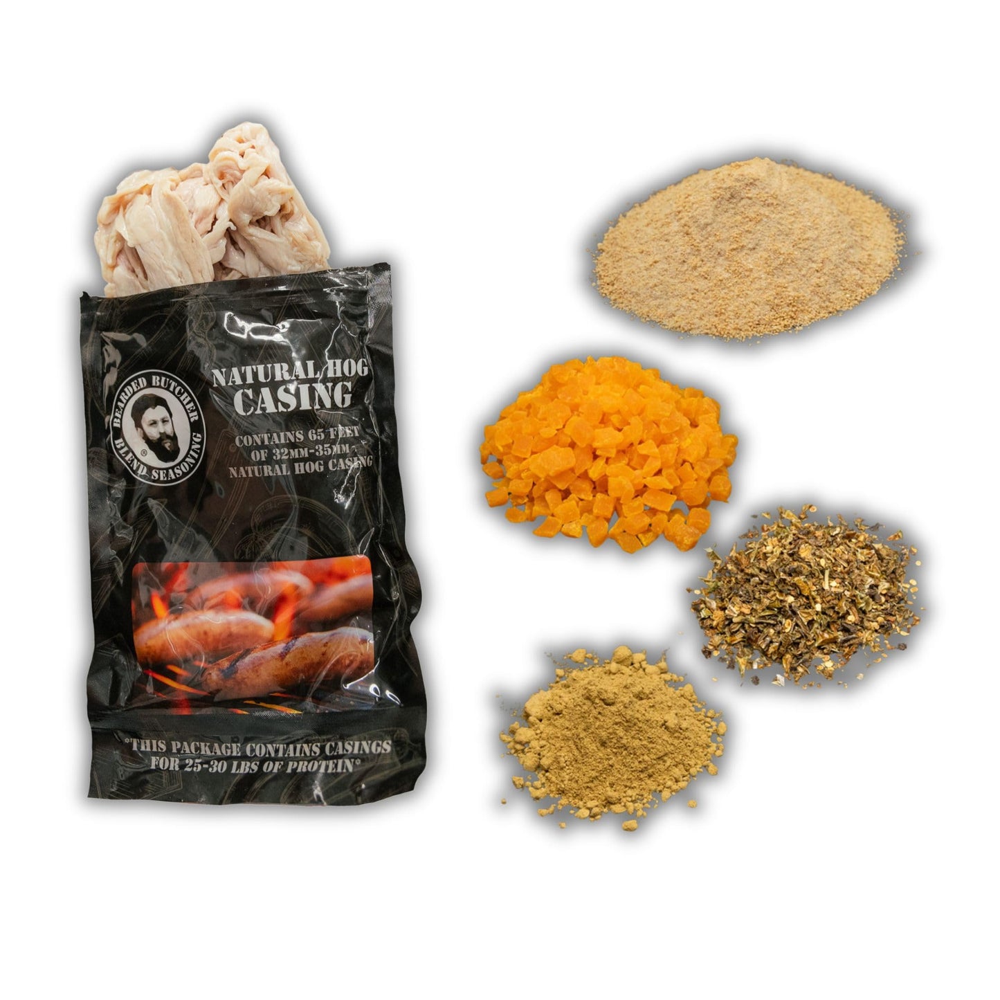 Bearded Butchers Mango Tango Bratwurst DIY Kit - Sweet & Spicy Brats - Includes Maple Sugar Seasoning, Jalapeño, Dried Mango & 32mm-35mm Natural Hog