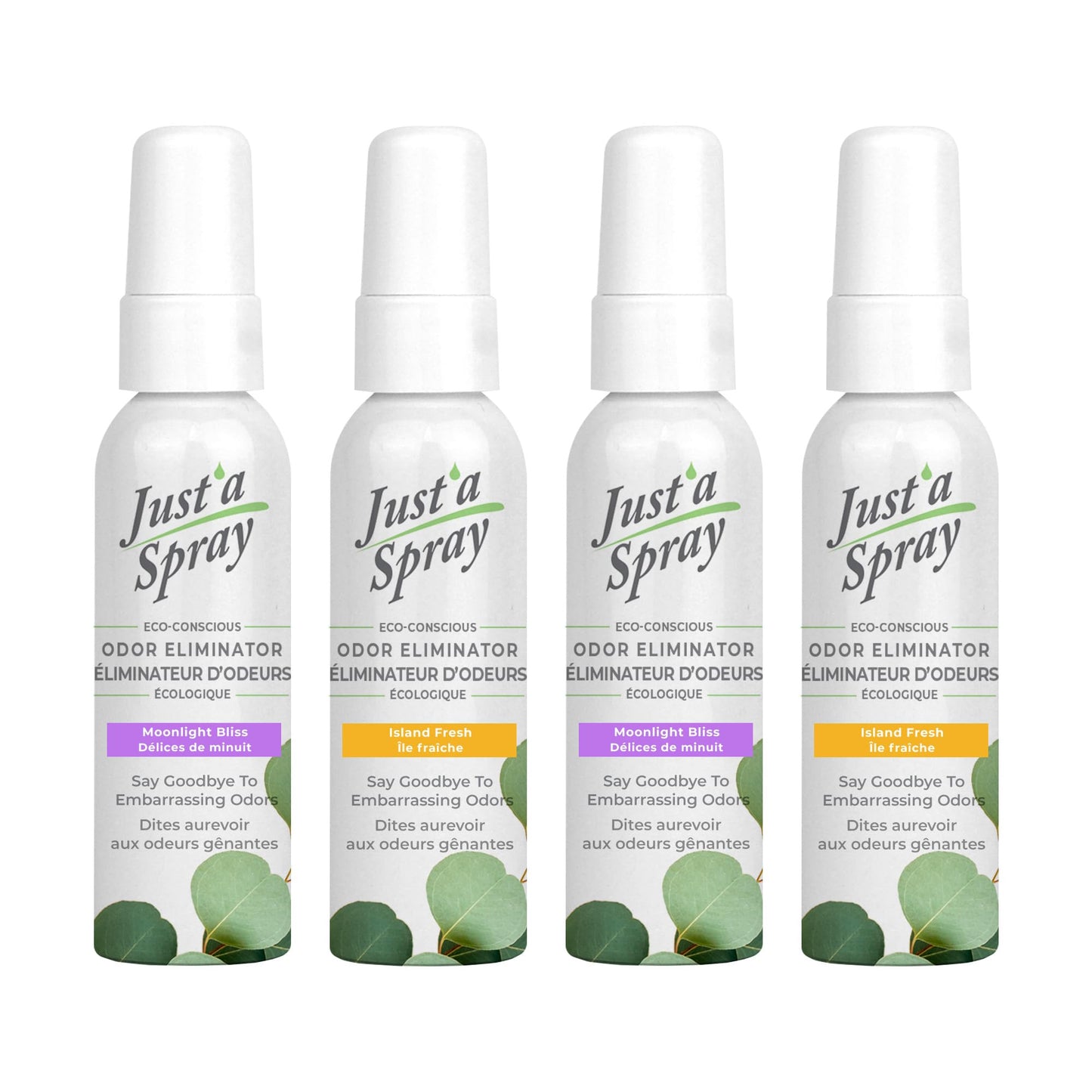 Prelam Just a Spray Toilet Odor Eliminator, Island Fresh & Moonlight Bliss - 4 pc