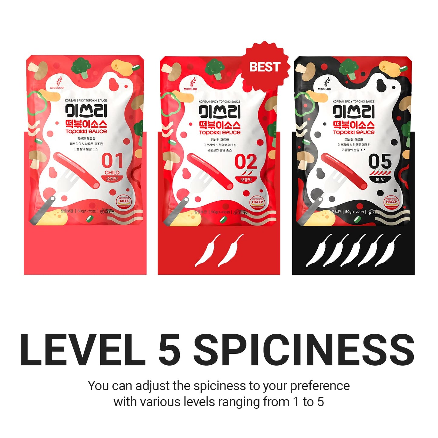 MISSLEE Tteokbokki Sauce Mix (5 Pack, 2 Servings Each), Level 2 Original, Korean Powder Sauce for Rice Cakes, Stir-Fries, and More (1.76 oz(pack