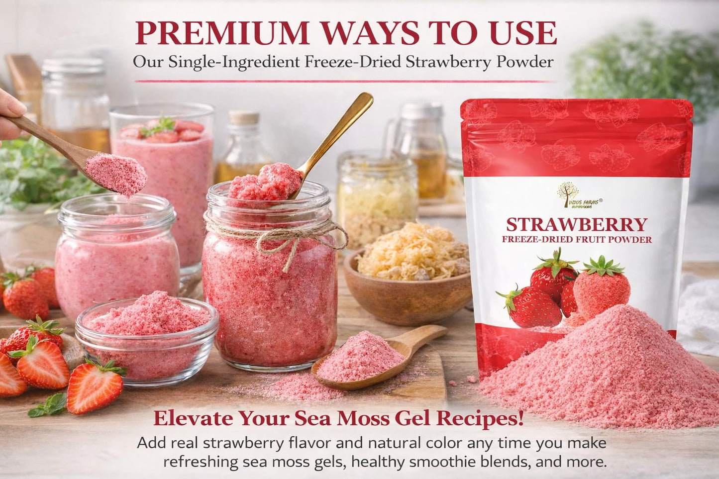 Indus Farms Freeze Dried Strawberry Powder - Pure Strawberry Fruit, No Added Sugar, Bold Real Fruit Flavor for Smoothies, Desserts, Baking & Sea Moss
