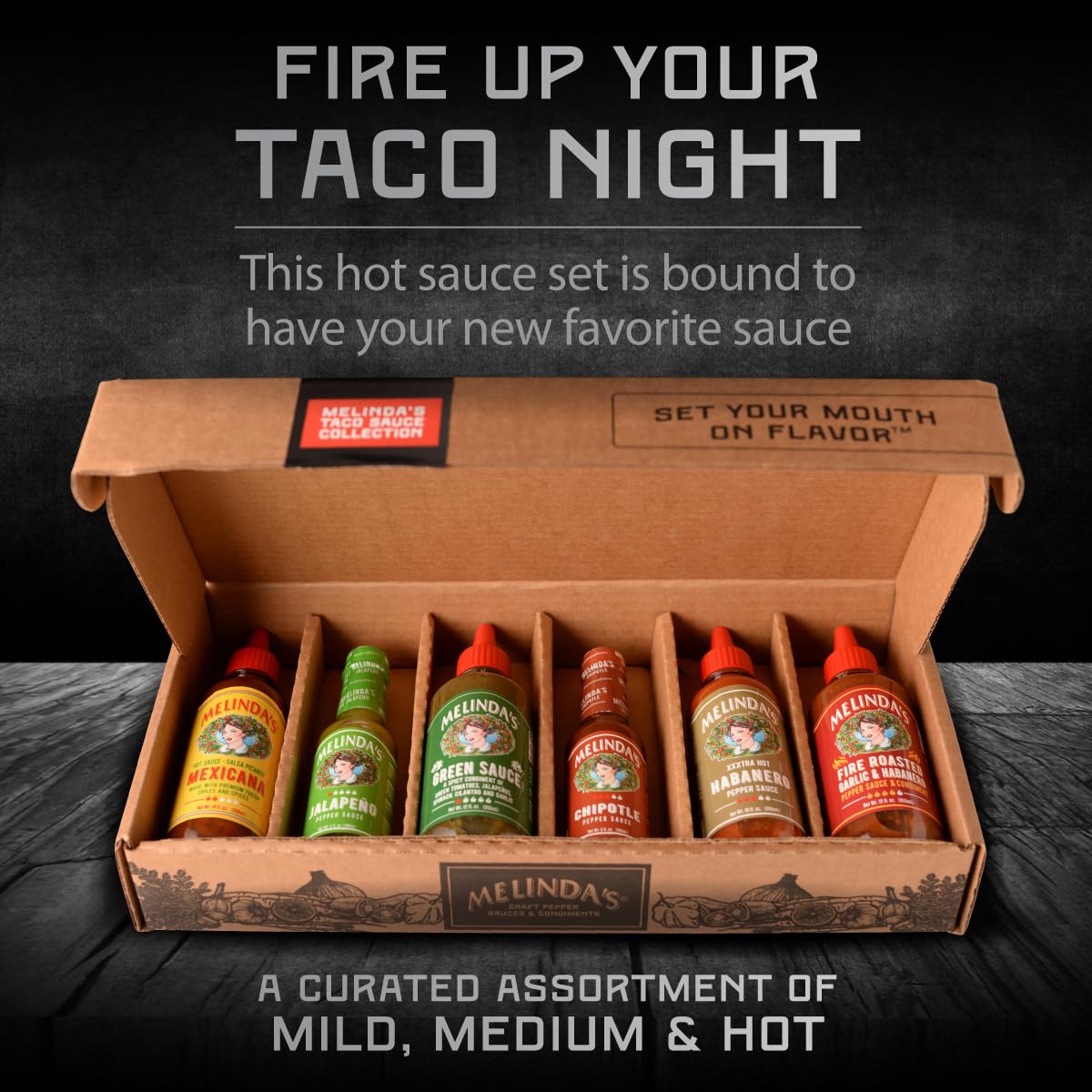 Melinda’s Taco Sauce Collection - 6 Pack (54 Oz) -Taco Hot Sauce Variety Pack for Taco Night with Jalapeño Hot Sauce, Mexicana, Chipotle & More
