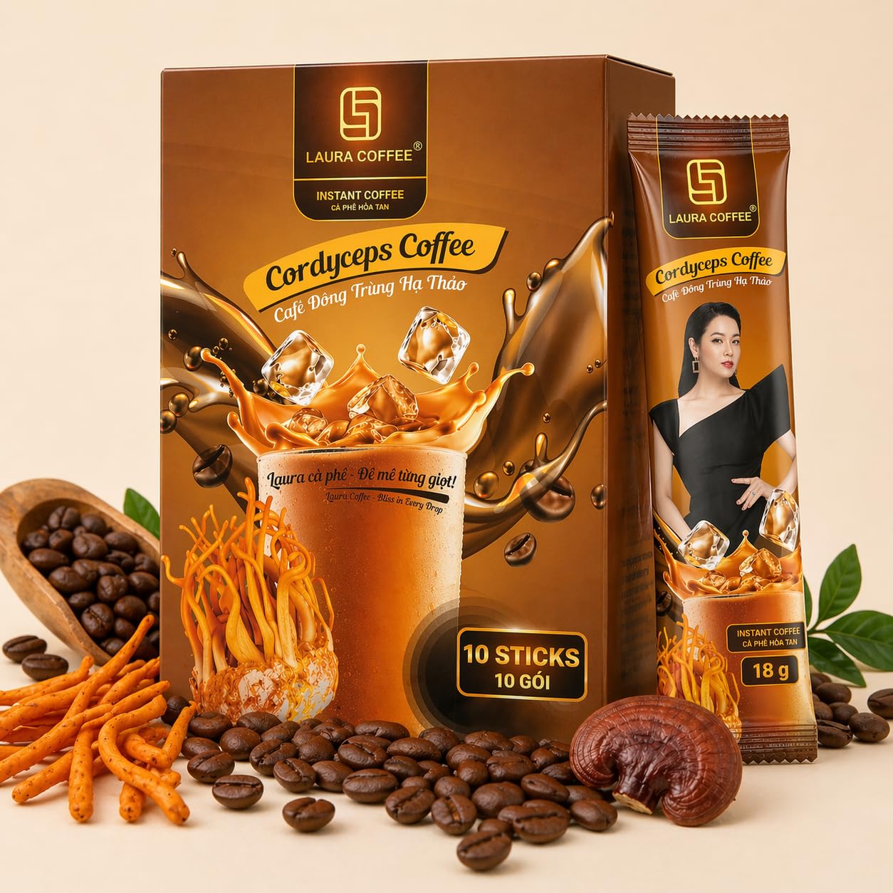 Laura Cordyceps Mushroom Coffee, Vietnamese Instant Coffee 3 in 1, Energy Focus Coffee Mix, 10 Sachets, Strong Coffee Flavor