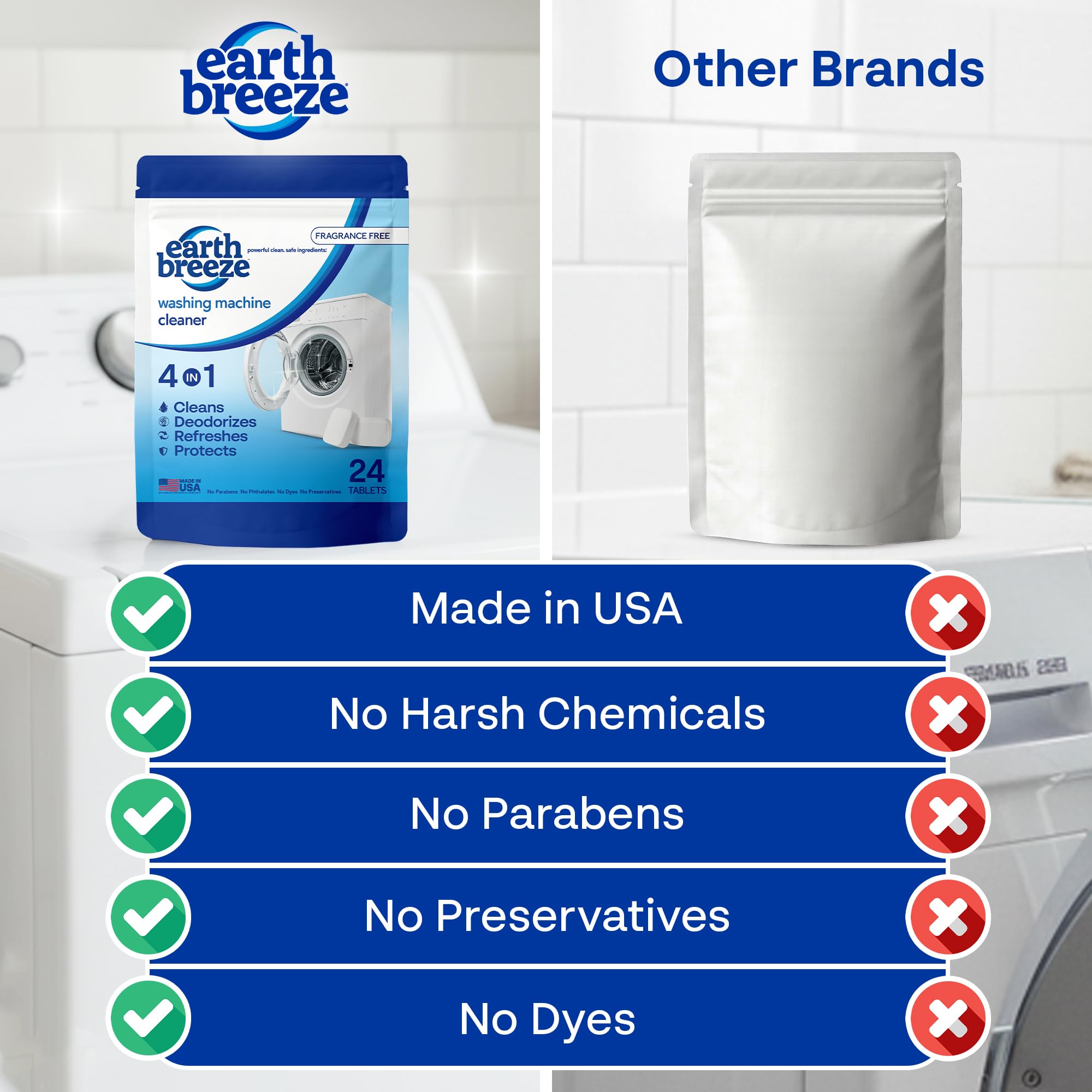 Earth Breeze Washing Machine Cleaner Tablets - 1 Year Supply - Deep Cleans, Removes Odors, Residue & Buildup - Front Load, Top Load & HE Washers