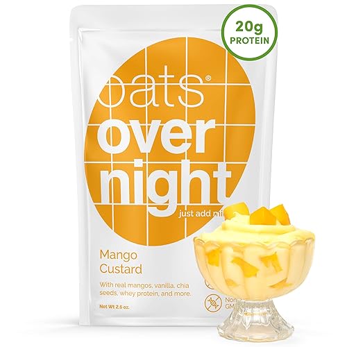 Oats Overnight Mango Custard - Overnight Oats with 20g Protein, High Fiber Breakfast Protein Shake - Gluten Free Oatmeal, Non GMO High Protein Oatmeal