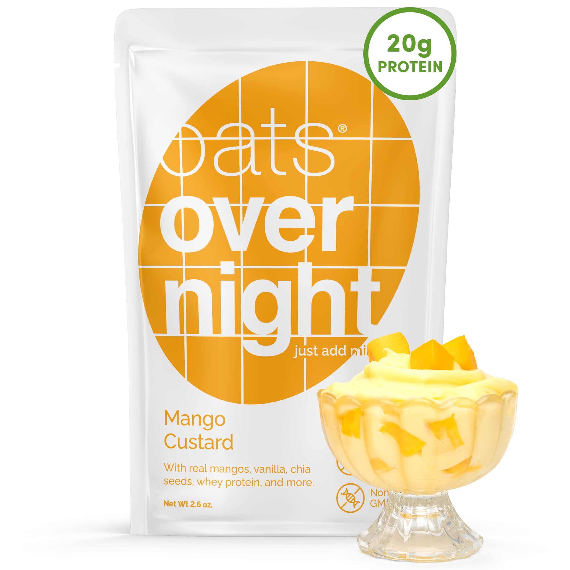 Oats Overnight Mango Custard - Overnight Oats with 20g Protein, High Fiber Breakfast Protein Shake - Gluten Free Oatmeal, Non GMO High Protein Oatmeal