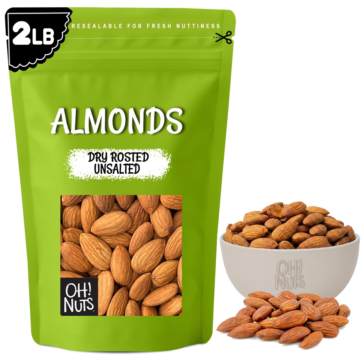 Oh! Nuts Almonds - Dry Roasted Unsalted Almonds - 2 lb - No Salt, No Oil All-Natural Protein - Packed in New York Zip-Seal Bag for Exceptional