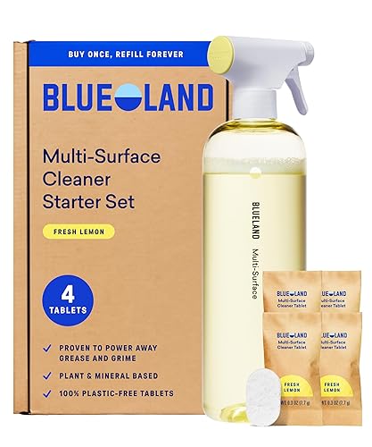 BLUELAND Multi-surface Cleaner, Starter Set, Fresh Lemon Scent, Spray Bottle with 4 Refill Tablets, All-Purpose, Eco-Friendly Cleaning Supplies, 4 x