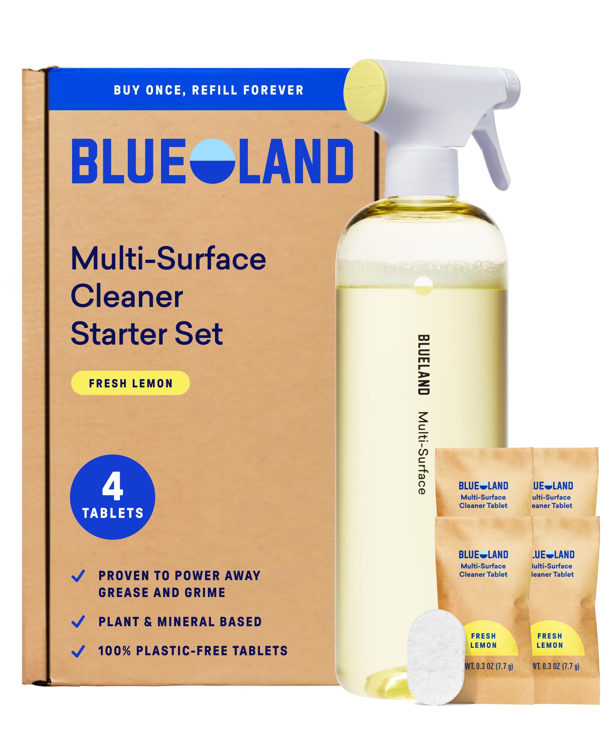 BLUELAND Multi-surface Cleaner, Starter Set, Fresh Lemon Scent, Spray Bottle with 4 Refill Tablets, All-Purpose, Eco-Friendly Cleaning Supplies, 4 x