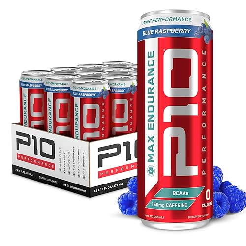 P10 Performance Max Endurance Sugar-Free Drink - 12-Pack, Blue Raspberry, 12oz Cans - Electrolytes, BCAAs, Creatine & 200mg Caffeine