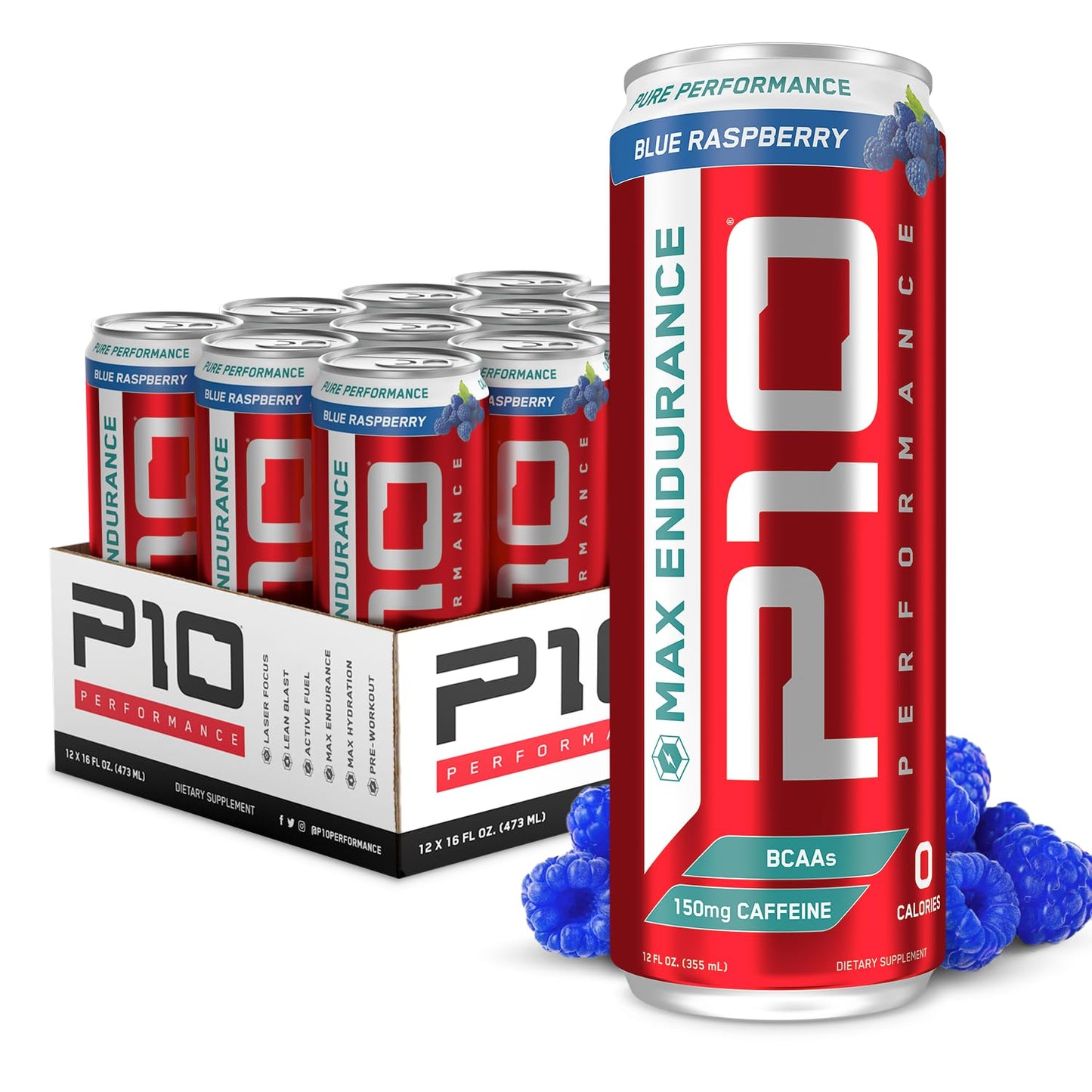 P10 Performance Max Endurance Sugar-Free Drink - 12-Pack, Blue Raspberry, 12oz Cans - Electrolytes, BCAAs, Creatine & 200mg Caffeine
