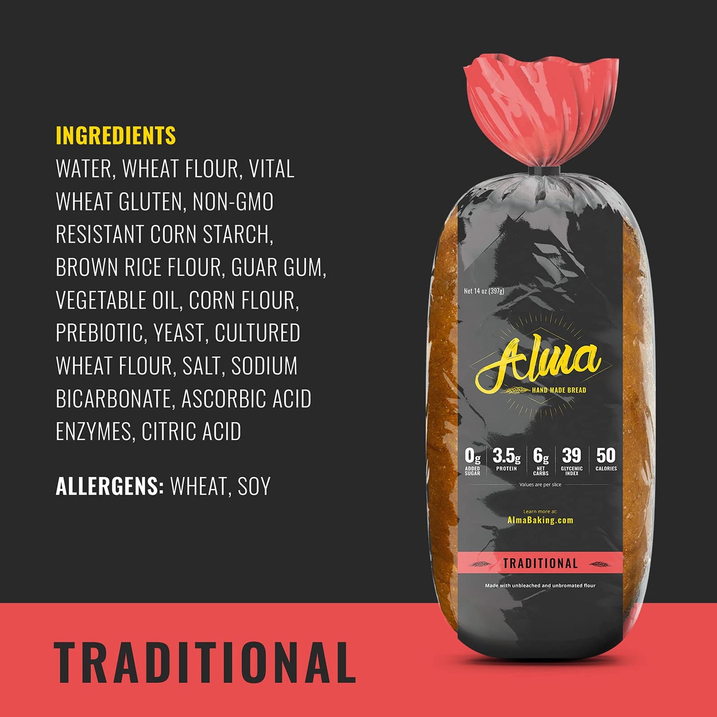 Alma Baking Bread - Low Carb, Low Glycemic, Keto Friendly, Low Calorie, Sugar Free - Sliced Loaf Sandwich Bread (Traditional, 14 Ounces (Pack of 3))