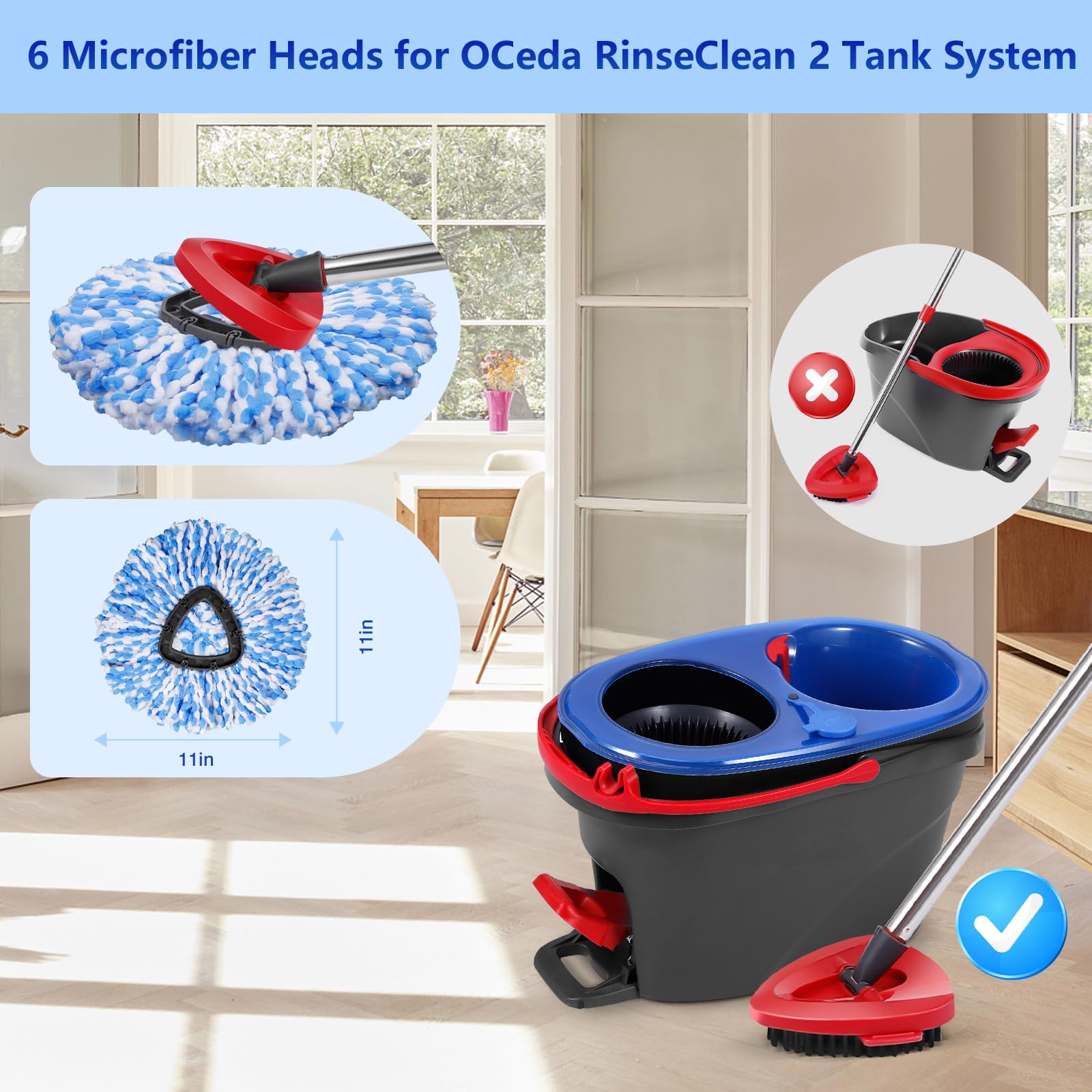 Wa.IE Jiemi 6 Pack Mop Replacement Heads Compatible with Ocedar RinseClean 2-Tank System - Includes 1 Mop Base,6 Microfiber Mop Refills, Easy Cleaning