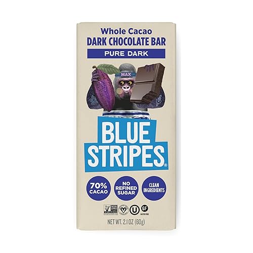 Blue Stripes - Pure Dark Whole Cacao Chocolate Bars, 70% Cacao Bar, Healthy Chocolate, Vegan, No Refined Sugar, Non GMO, Gluten Free, 2.1 OZ