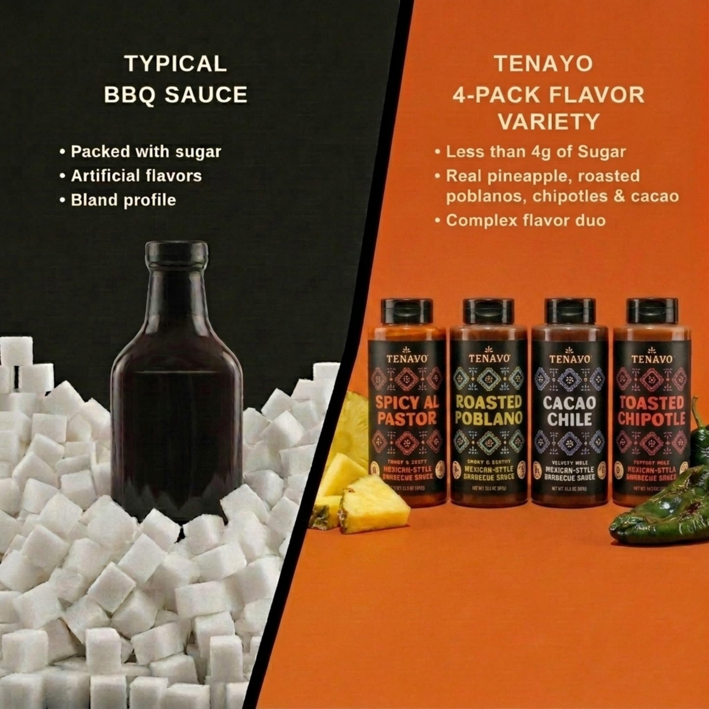Tenayo Mexican Style Barbecue Sauce 4-Pack Variety (14.5 oz Bottles) - Spicy Al Pastor, Roasted Poblano, Toasted Chipotle & Cacao Chile - Low Sugar